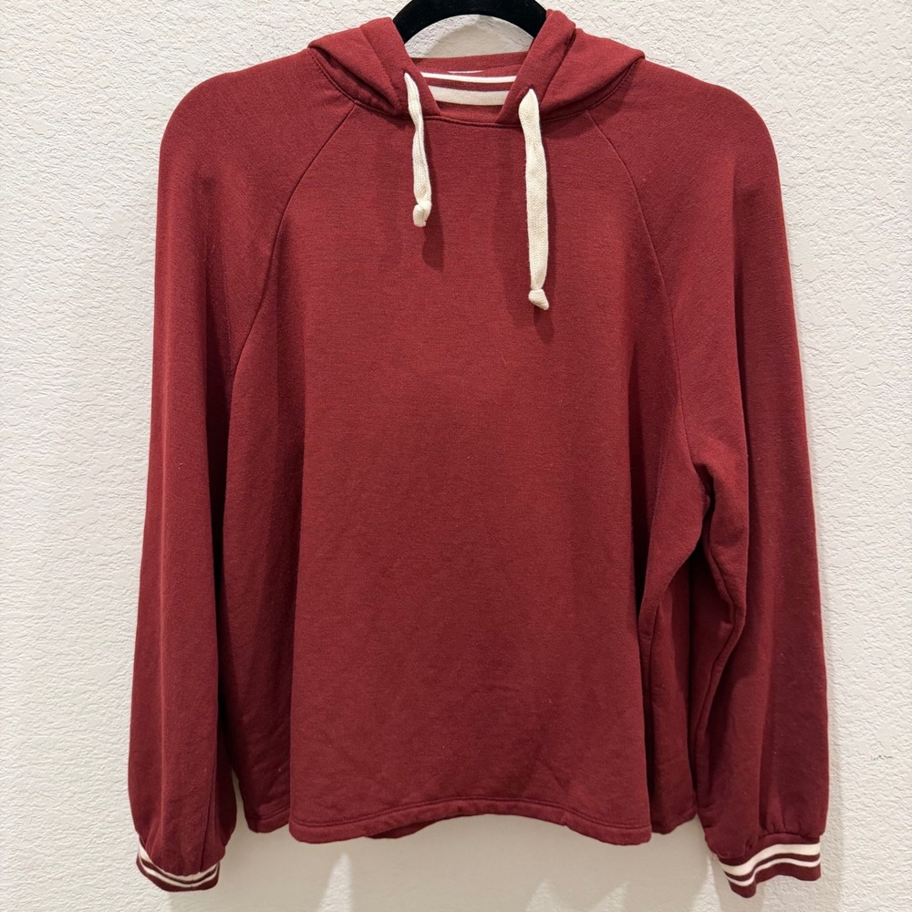 Madewell MWL Burgundy Fleece Raglan Hoodie Sweatshirt Striped Cuffs Red Medium